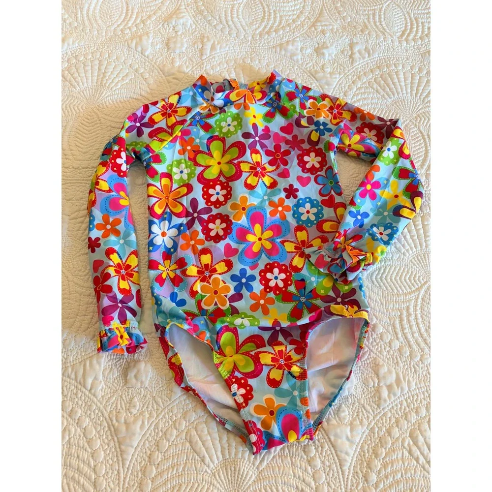 NWOT Little Girl Long Sleeve Colorful Vibrant Floral One-Piece Swimsuit Size 6/7